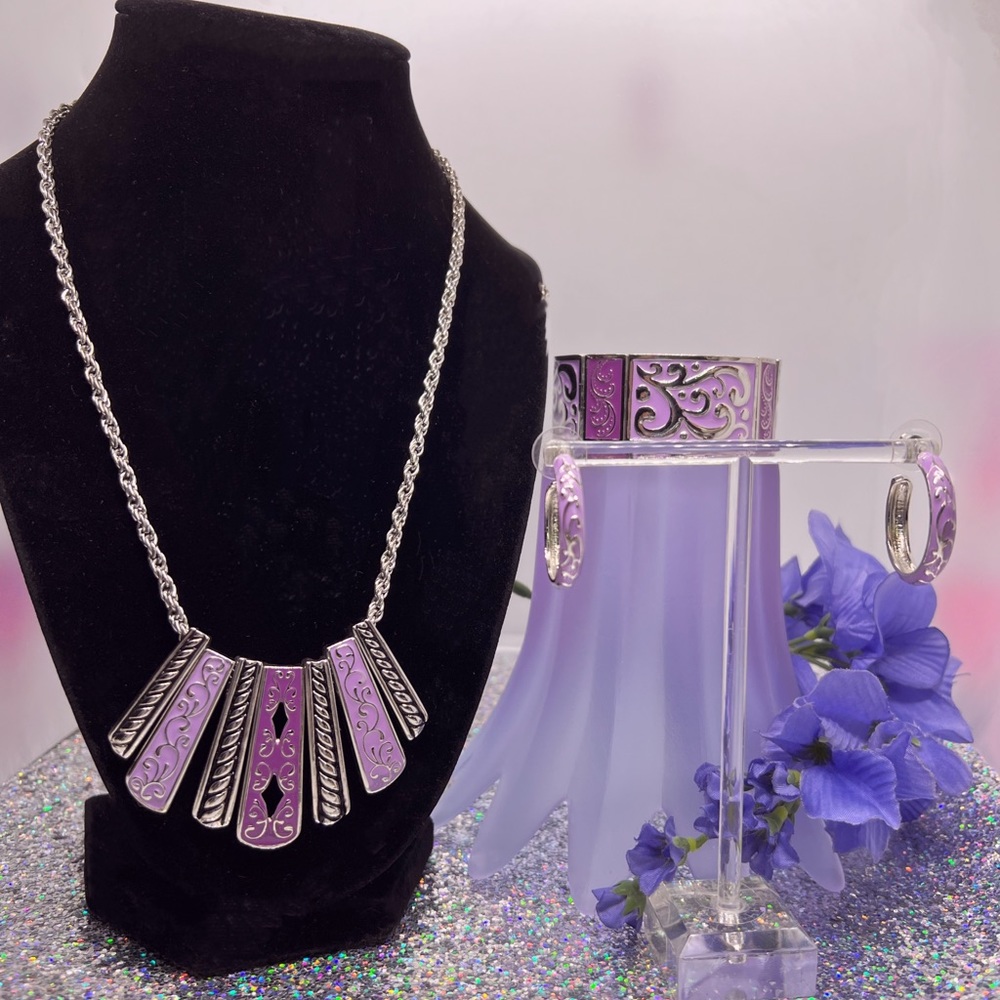 Silver-tone Lavender Enameled Slider Pendant ~ Stretch Panel Bracelet & Earrings